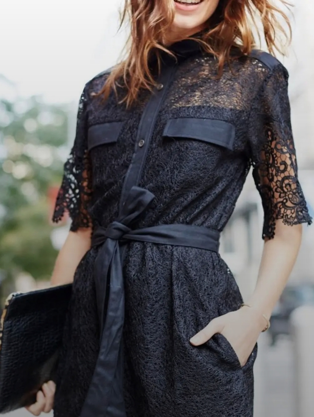 Banana Republic LBD, Black Hallowed Overlay Button Down Shirt Dress, Wm 2, NWT